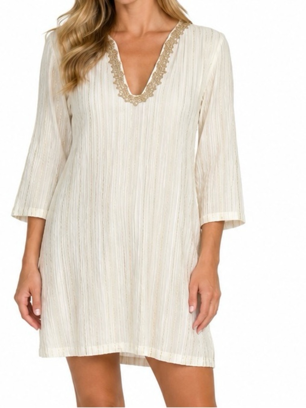 Lilly Pulitzer Ivory Gold Metallic Embroidered Tunic Dress Medium